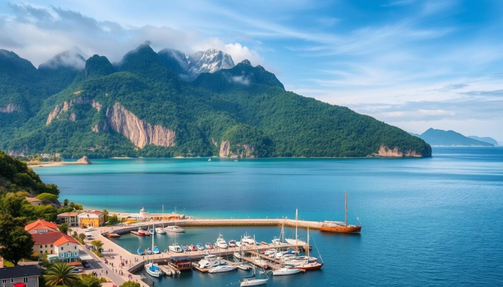 A lush, verdant island nestled in a cool, azure sea. Dramatic cliffs rise up from the shore, capped with thick forests that sway in the gentle breeze. Towering peaks pierce the wispy clouds above, their snow-capped summits glittering in the soft, diffused sunlight. In the foreground, a picturesque harbor bustles with small fishing boats and sailcraft, their colorful hulls and billowing sails reflecting in the calm, crystalline waters. Locals and tourists stroll along the charming, cobblestone promenades, seeking refuge from the summer heat in the island's cool, temperate climate. An idyllic, serene scene that embodies the tranquil allure of a remote, refreshing island getaway.