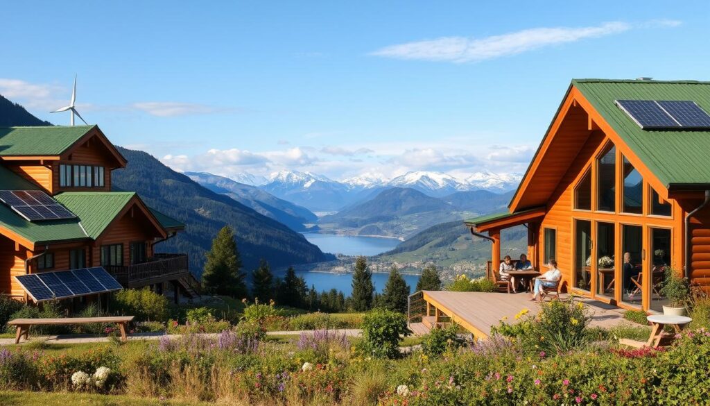 A serene eco-lodge nestled in a lush, rolling hillside of a cool, temperate climate. Warm wooden structures with green roofs and large windows that frame panoramic views of a nearby lake and snowcapped mountains in the distance. Guests relax on a spacious deck, sipping local organic teas while surrounded by native wildflowers and a flourishing garden. Solar panels and wind turbines dot the landscape, harnessing renewable energy to power the sustainable accommodations. A peaceful, tranquil scene that embodies the essence of eco-tourism and responsible travel in a refreshing, cool destination.